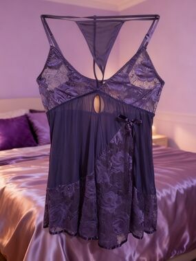 Sheer Lace Chemise Nightdress with Thong - Purple